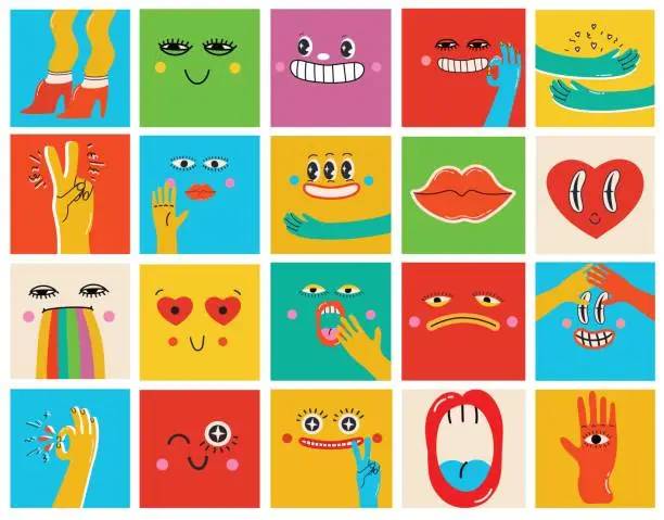 Vector illustration of Collection of crazy Abstract comic characters elements and faces. Bright colors Cartoon style. Vector Illustration