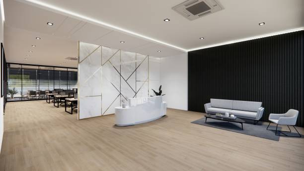 istock Interior Empty Modern Loft Office open space modern office footage.Modern open concept Lobby and reception area meeting room design. 3D Rendering . 1394422643