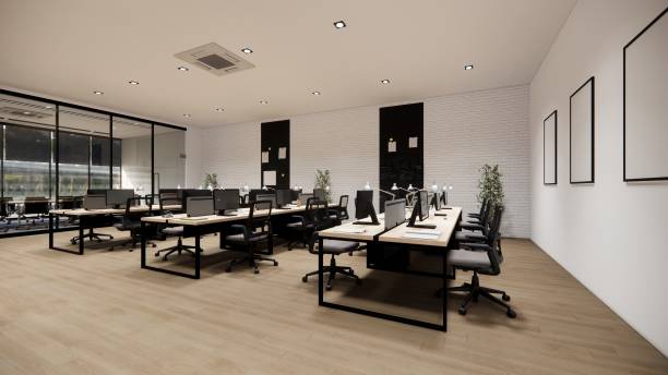 istock Interior Empty Modern Loft Office open space modern office footage.Modern open concept Lobby and reception area meeting room design. 3D Rendering . 1394422658