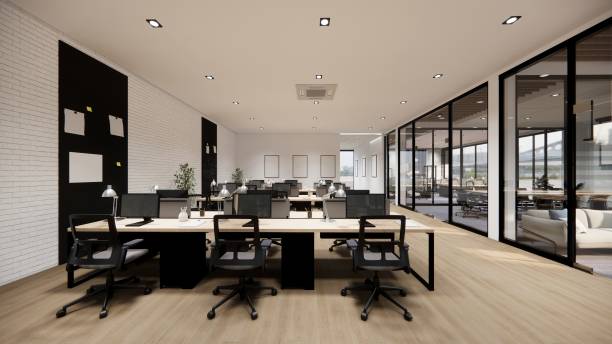 istock Interior Empty Modern Loft Office open space modern office footage.Modern open concept Lobby and reception area meeting room design. 3D Rendering . 1394422669