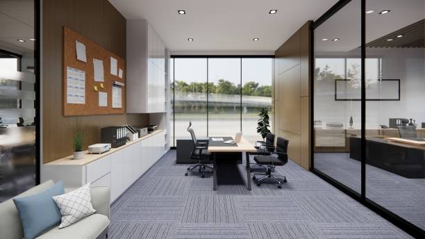 istock Interior Empty Modern Loft Office open space modern office footage.Modern open concept Lobby and reception area meeting room design. 3D Rendering . 1394422718