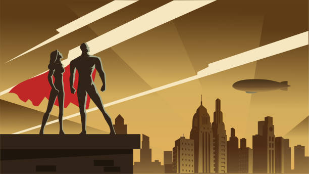 illustrations, cliparts, dessins animés et icônes de vector art déco style super-héros couple dans une ville stock illustration - superhero human muscle men city
