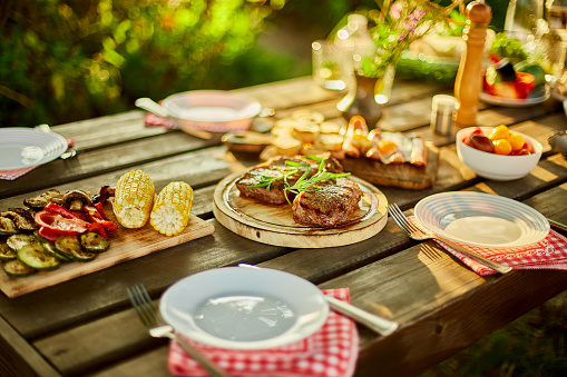 Served with plates dinner table, summer picnic outdoor at home backyard on fresh air, appetizers variety serving on party with grilled vegetables, lemonade, steak, camembert cheese.