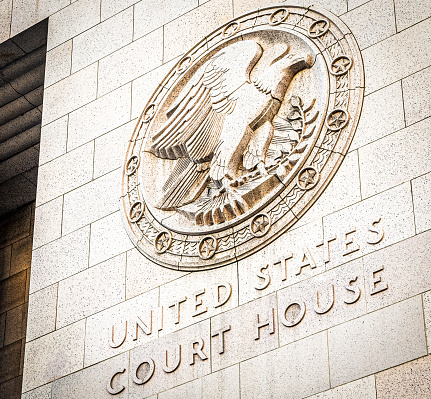 A carved sign for the US Court House in central Los Angeles, California.