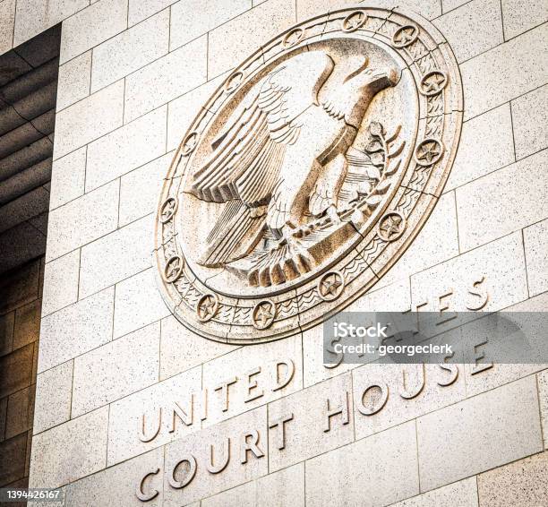 Sign On Outside Of United States Court House In La Stock Photo - Download Image Now - Courthouse, Government, Supreme Court