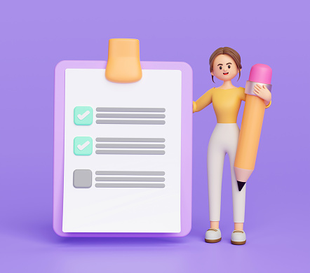 usinesswoman character holding pencil standing beside checklist clipboard cartoon on purple background 3d illustration rendering