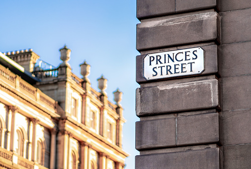 A sign for Princes Street in Edinburgh. One of Scotland's best known shopping streets, Princes Street is an important part of the city's historic Georgian New Town.