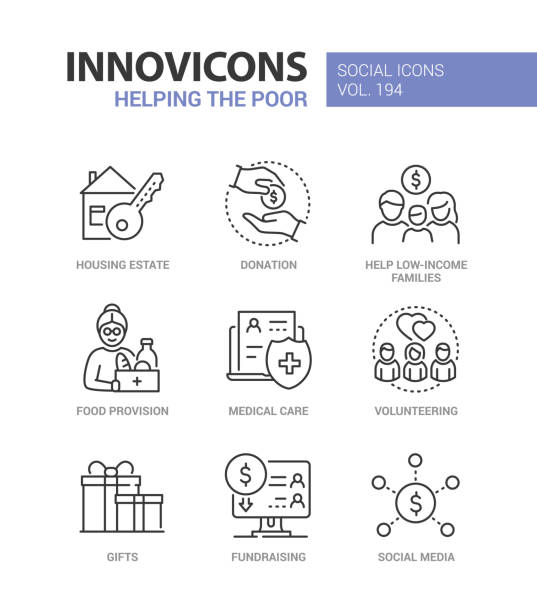 Helping for the poor - line design style icons set Helping for the poor - line design style icons set with editable stroke. Housing estate, donation, low income family, food provision, medical, volunteering and fundraising through social media idea low quality of life stock illustrations