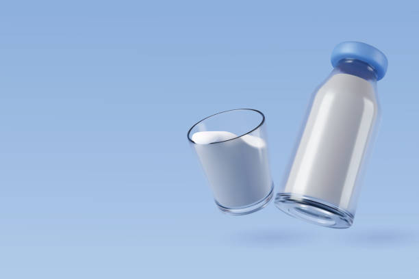 illustrazioni stock, clip art, cartoni animati e icone di tendenza di 3d vector bottiglia di latte ad alto contenuto di calcio e basso contenuto di zucchero e vetro su concetto di bevanda blu e salutare - milk milk bottle bottle glass