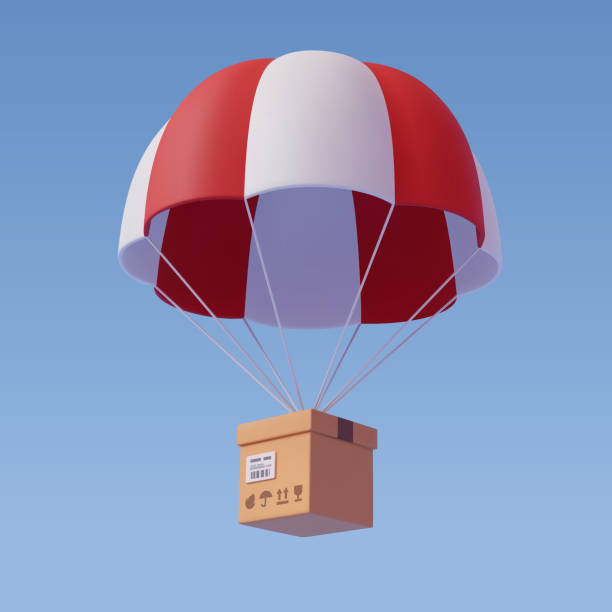 istock Brown parcel cardboard box with parachute, online delivery service or shipping and global logistic concept, quick and fast cargo shipment. 1394431218