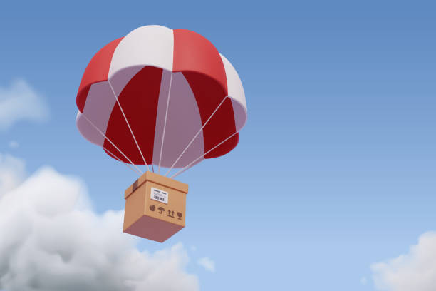 istock Brown parcel cardboard box with parachute, online delivery service or shipping and global logistic concept, quick and fast cargo shipment. 1394431225