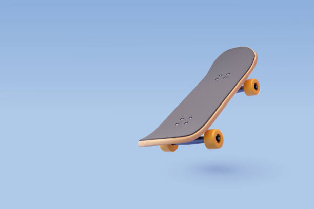 ilustraciones, imágenes clip art, dibujos animados e iconos de stock de 3d vector skateboard sobre azul, concepto de deporte extremo y recreación. - monopatín actividades recreativas