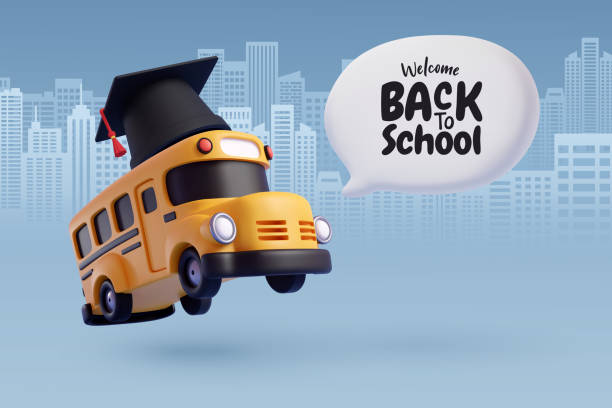 ilustrações de stock, clip art, desenhos animados e ícones de 3d vector of school bus with diploma cap in city, education and welcome back to school concept - bus school bus education cartoon