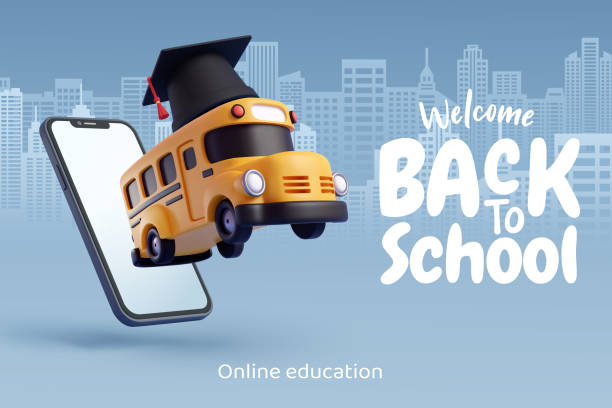 ilustraciones, imágenes clip art, dibujos animados e iconos de stock de vector 3d del autobús escolar con gorra de diploma saltar del teléfono inteligente a la ciudad - transporte escolar