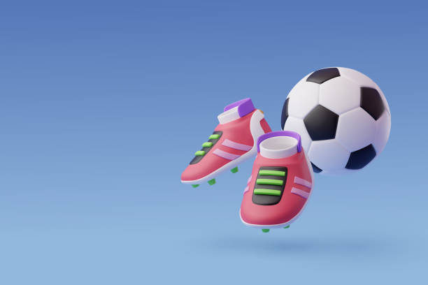 ilustrações, clipart, desenhos animados e ícones de 3d vector soccer boots com bola de futebol, esporte e conceito de competição de jogos - calçado com pitões