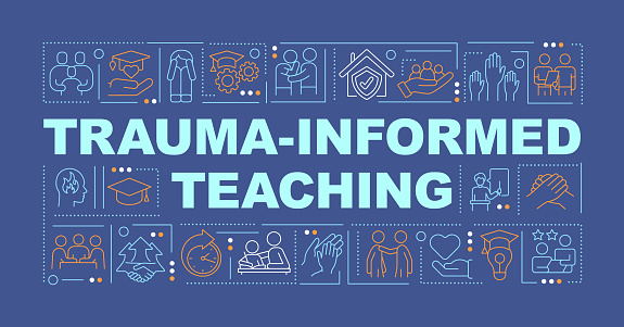 Trauma informed teaching word concepts dark blue banner. Education trend. Infographics with icons on color background. Isolated typography. Vector illustration with text. Arial-Black font used