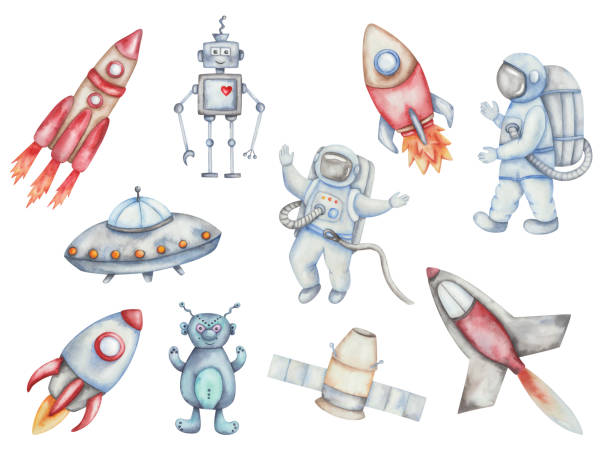 illustrations, cliparts, dessins animés et icônes de illustration à l’aquarelle d’un vaisseau spatial peint à la main, d’un vaisseau spatial, d’un satellite et d’une fusée avec feu. hommes de l’espace, personnages extraterrestres et robots. véhicules d’images clipart isolés et cosmonautes  - space shuttle endeavor