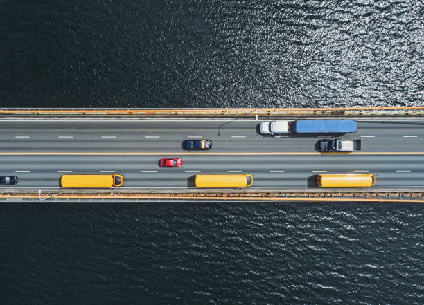 Aerial View of School Buses stock photo