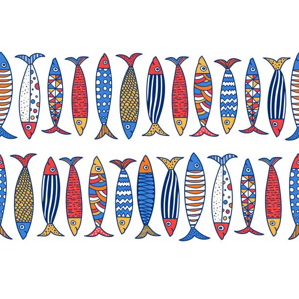 Vector illustration of Vector seamless horizontal border with fish.