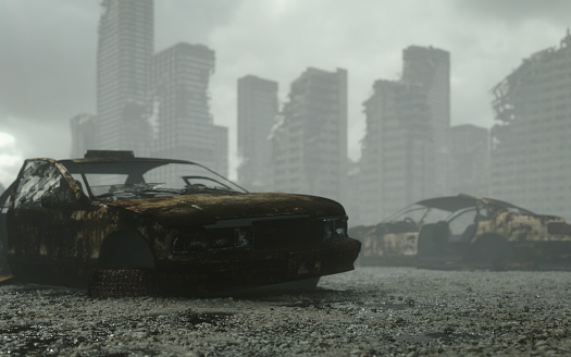 Digitally generated post apocalyptic scene depicting the consequence of a nuclear holocaust, showing a desolate urban landscape with car wrecks in the foreground and tall buildings in ruins in the background.

The scene was created in Autodesk® 3ds Max 2022 with V-Ray 5 and rendered with photorealistic shaders and lighting in Chaos® Vantage with some post-production added.