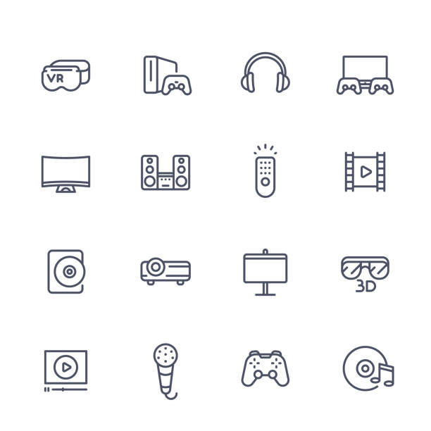 ikony linii systemu rozrywki domowej ustawione na białym, okulary wirtualnej rzeczywistości, projektor multimedialny, nagłośnienie, konsola do gier wideo - gaming systems stock illustrations