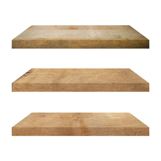 istock 3 old wood shelf table isolated on white background and display montage for product. 1394441069