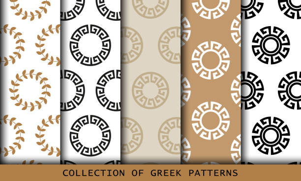 illustrazioni stock, clip art, cartoni animati e icone di tendenza di collezione di motivi greci vettoriali senza cuciture, set d'arte con bordi rotondi a meandro - ancient greece immagine
