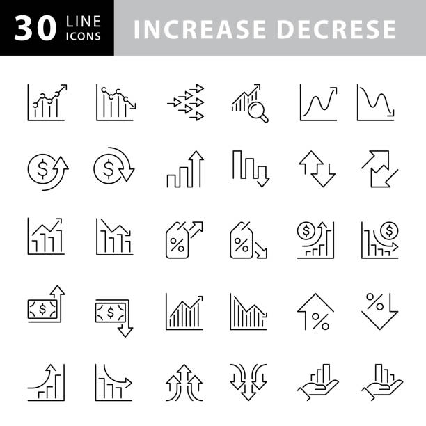 ilustraciones, imágenes clip art, dibujos animados e iconos de stock de iconos de aumento y disminución de líneas - reducing gear