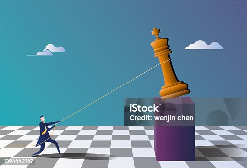istock Business man pulling down chess with rope 1394442747