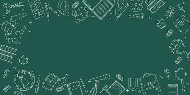 Frame for school supplies. Back to school sale square banner template. Sketchy background with hand drawn school supplies. Pen, globe, backpack, ruler, book, brush. Frame for school supplies. Back to school sale square banner template. Sketchy background with hand drawn school supplies. Pen, globe, backpack, ruler, book, brush. Doodle vector illustration writing on chalk board stock illustrations