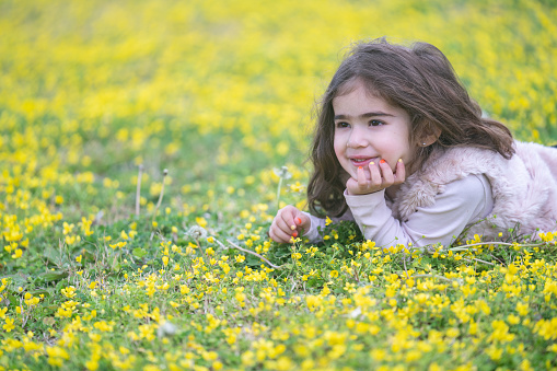 Portrait of 3,5 years old toddler girl lying on front on yellow daisy flowers in nature. Shot under daylight during springtime.
