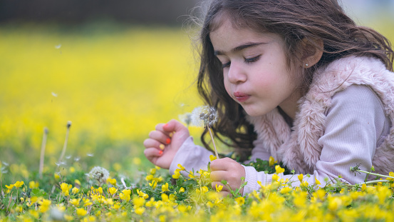 Little girl is smelling flowers while sitting on green meadow