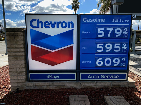 SAN JOSE, CALIFORNIA - Mar 05, 2022: Gas prices at a local Chevron have reach $5.79 for a gallon of regular gas.