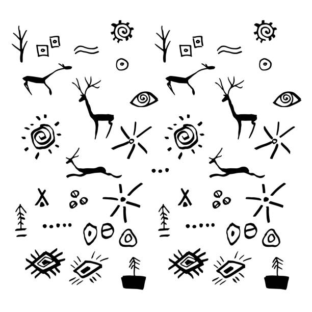 handgezeichnete symbole und zeichen. höhlenzeichnungen - felszeichnung oder höhlenmalerei stock-grafiken, -clipart, -cartoons und -symbole