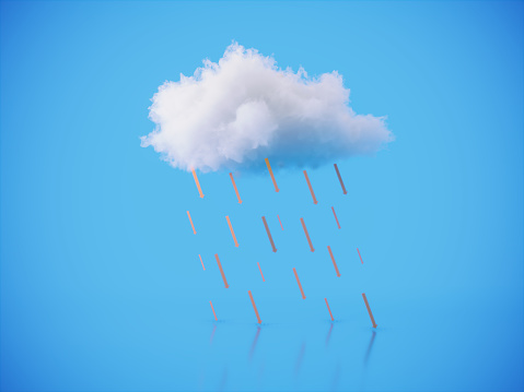 Arrows shaped raindrops falling down from the clouds. (3d render)