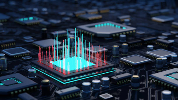 istock Data rays rises upward of cpu chip at a circuit board. 1394461072