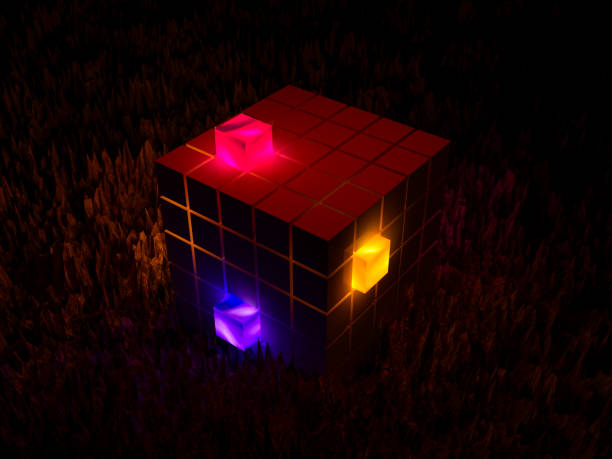 Abstract cube of cubes with emissive color cubes on a rocky surface - 3d rendering