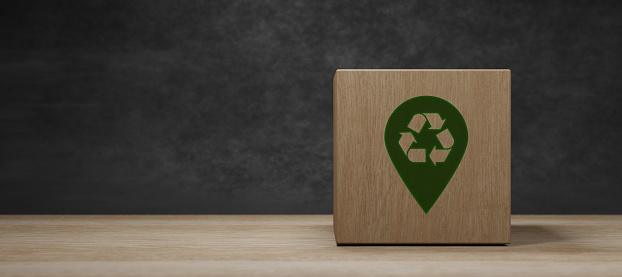 Zero waste zone concept with glow low poly location marker, recycle sign, green leaves in wooden block 3d Render
