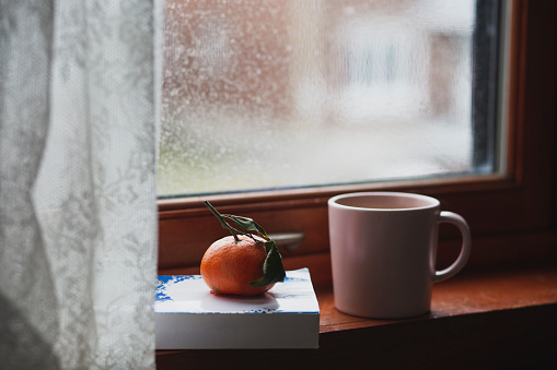 fruit, still life, tea hot drink, window