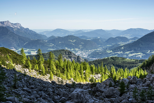 View to Berchtesgaden from the Watzmann massif, Berchtesgaden, Bavaria, Germany.