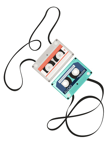 Retro audio cassette tape with tangled retro pattern vector illustration on white background