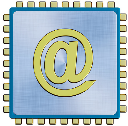 E-mail, internet sign on cpu, at sign, sign on chip, at sign cpu, gpu 3D illustration.