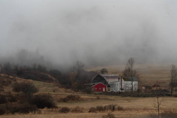istock Farm with misty background 1394476610