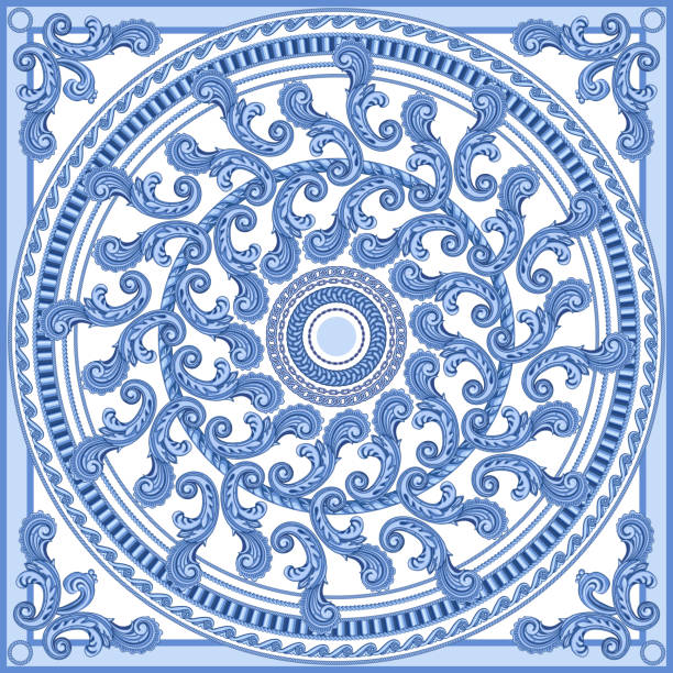 Vector blue shawl print on a white background. Silver chains, Baroque scrolls and acanthus leaves. Square pocket range, Scarf, bandana, neckerchief, kerchief, carpet Vector blue shawl print on a white background. Silver chains, Baroque scrolls and acanthus leaves. Square pocket range, Scarf, bandana, neckerchief, kerchief, carpet dutch baroque architecture stock illustrations