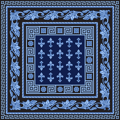 Blue Greek key pattern frieze, meander border, floral frame, royal lily flowers, grape-vine garland on a black background. Carpet, bandana print, square pocket range