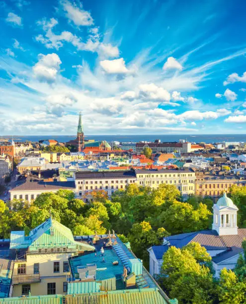 Downtown cityscape skyline, as seen from above, in Helsinki, Finland.