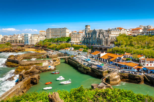 Biarritz cityscape with harbor and church in France