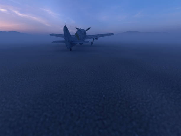 istock Worldwar two fighter airplane in a misty desolate desert at dusk. 3D render. 1394482024