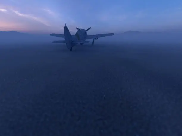 Worldwar two fighter airplane in a misty desolate desert at dusk. 3D render.