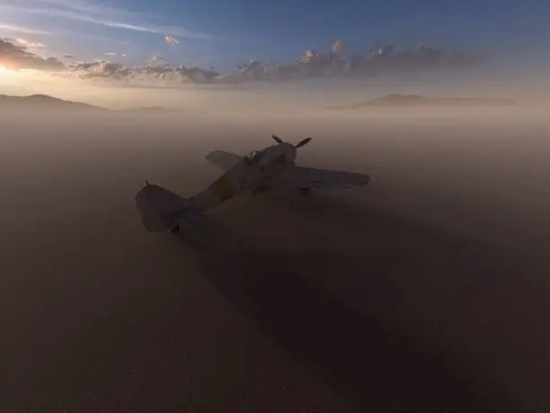 Worldwar two fighter airplane in a misty desolate desert at sunrise. 3D render.